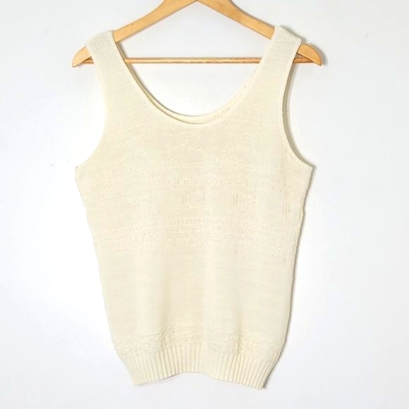 Vintage Tops - Vintage Pattern Knit Tank Top Shirt Ivory Thick Straps Retro Pullover Casual 90s